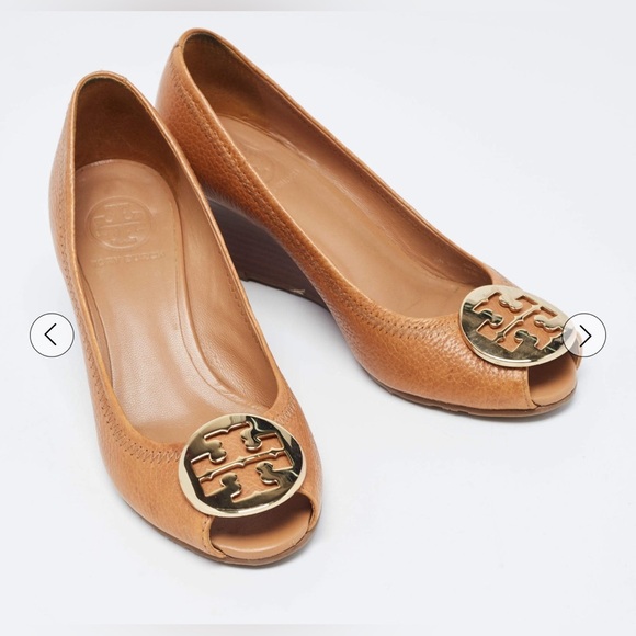 Tory Burch Shoes - Tory Burch Sally Leather Stacked Wedge Peep Toe Pumps Brown Gold Medallion